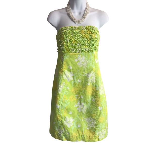 Lilly Pulitzer Green Yellow Ruffle Front Tie Back Strapless Dress size 6 in EUC - Picture 1 of 16